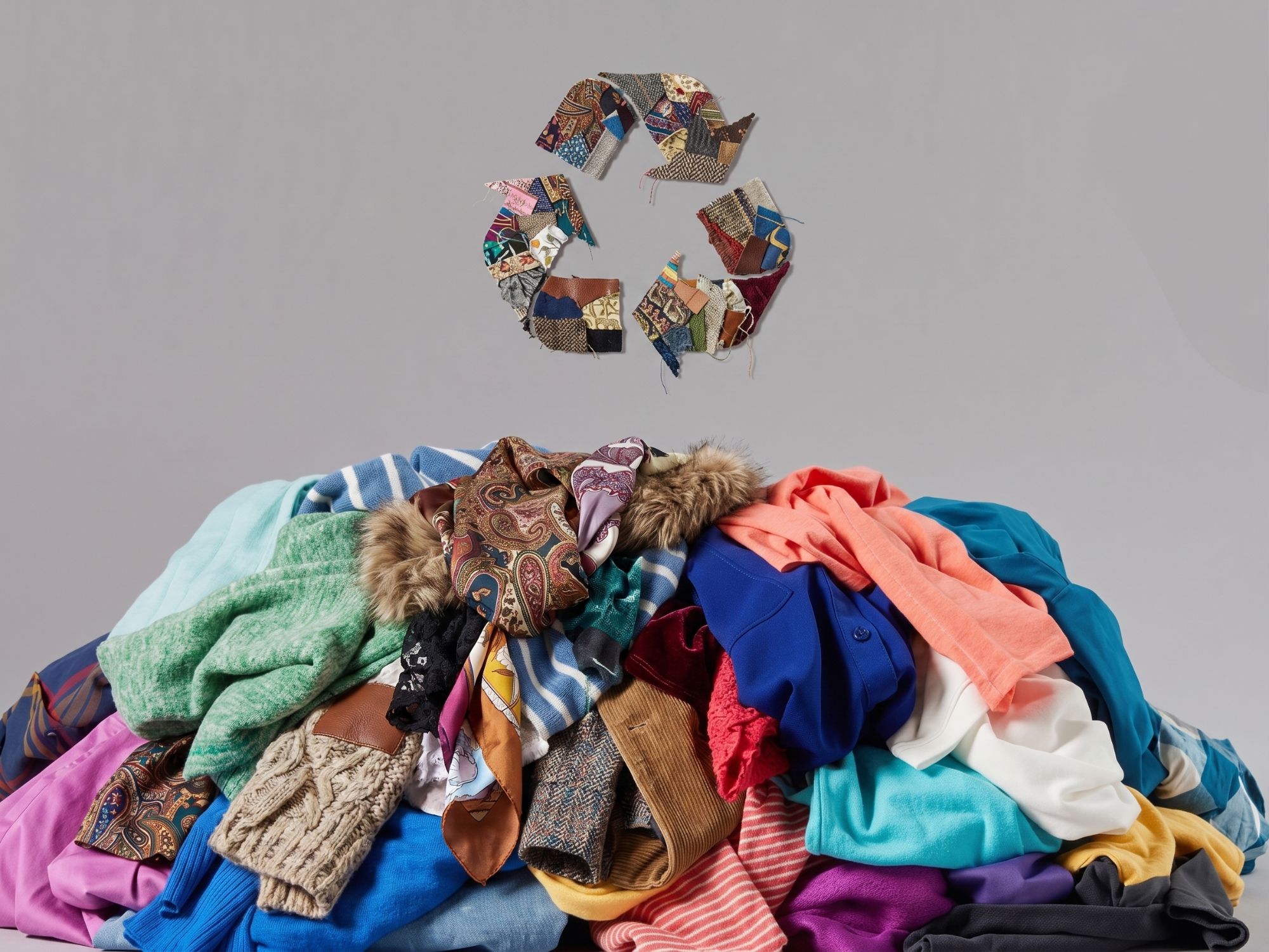 Recyklačný symbol vytvorený z textilných vzoriek nad kopou oblečenia