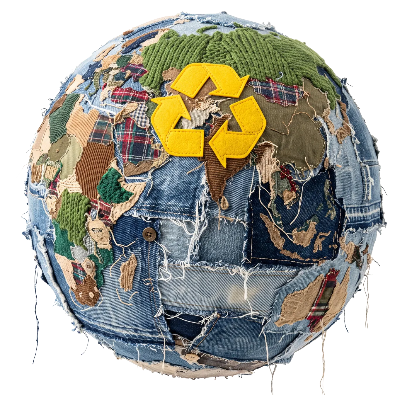 Zemeguľa vytvorená z recyklovaného textilu s recyklačným symbolom